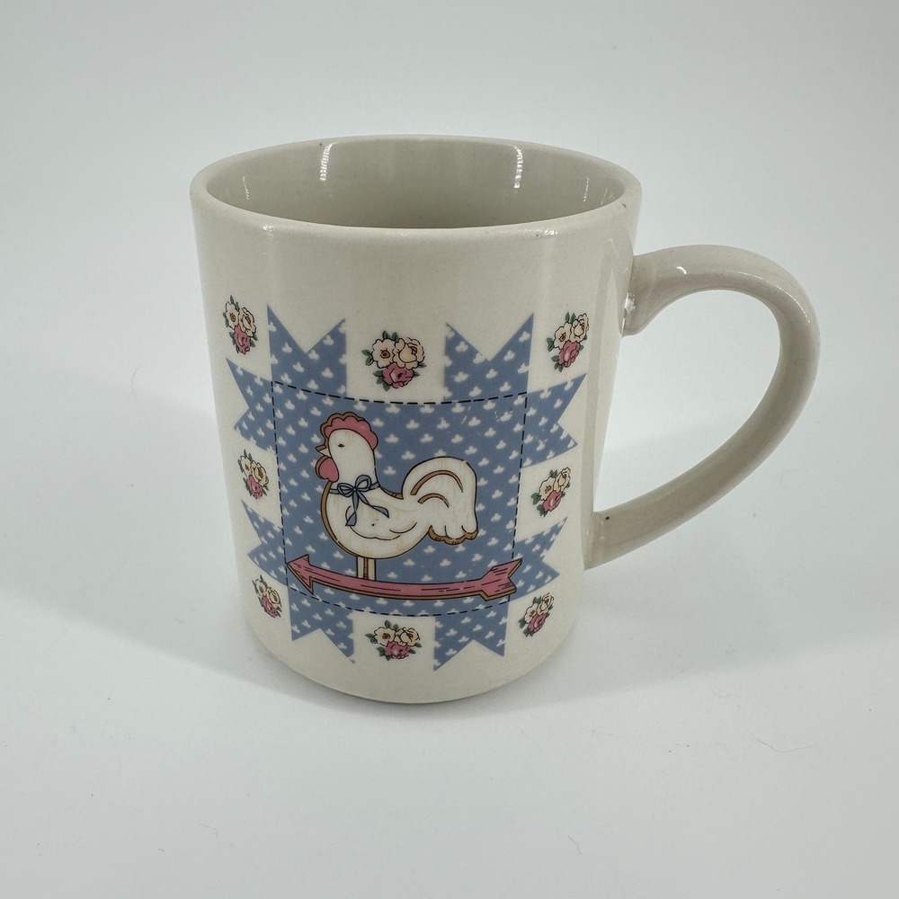 Country Farmhouse Rooster Quilt Star Ceramic Coffee Mug Cream Blue Cottagecore